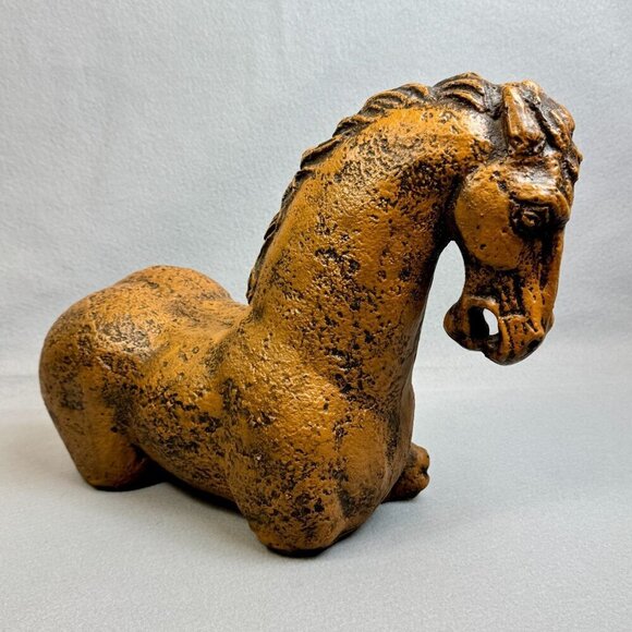Vintage Rustic Brown Bitossi-Style Sitting Horse Statue Heavy Decor Piece 18" L - Picture 13 of 14
